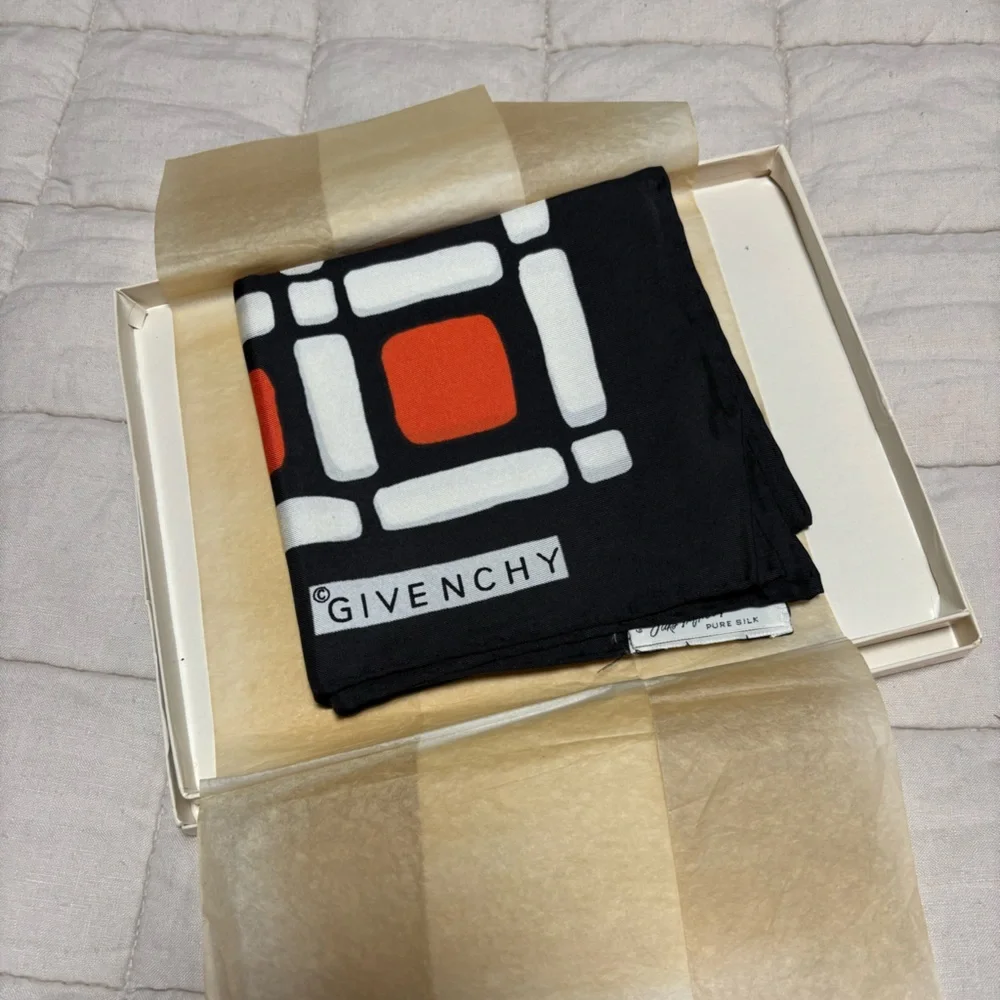 Vintage GIVENCHY Scarf - 100% Silk Orange & Black Block Scarf Saks Fifth Avenue